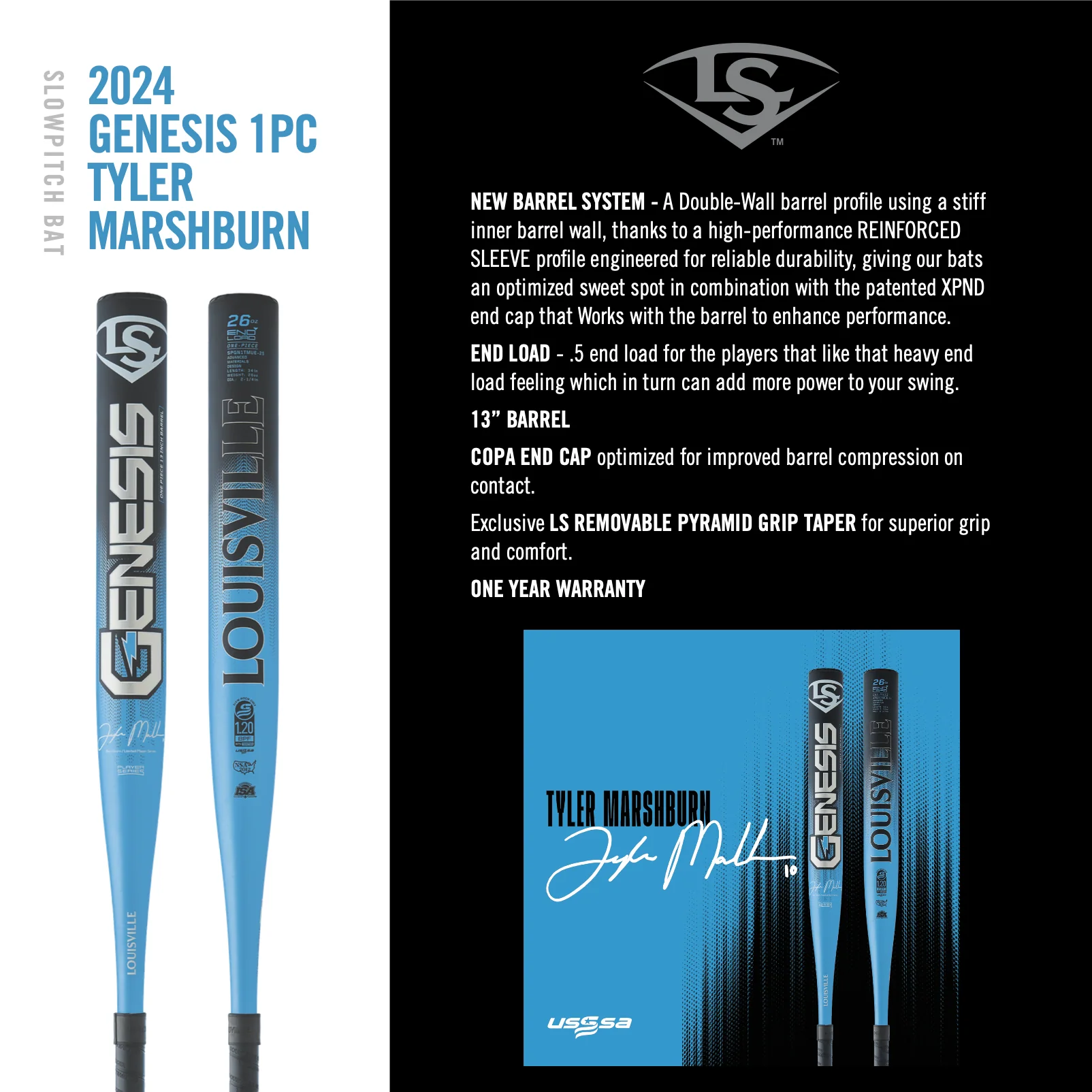 2025 Louisville Genesis USSSA 13" Endload 1-Piece Tyler Marshburn Signature Slowpitch Softball Bat - Image 3