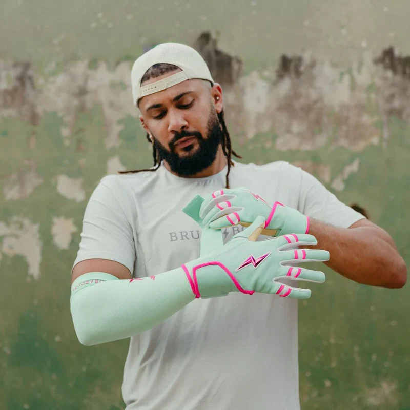 Bruce Bolt Tatis Jr. Signature Series Short Long Cuff Batting Glove - Tatis - Mint/Pink - Image 7